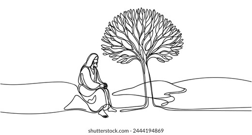 One solid line depicts Jesus Christ sitting under a tree. Isolated outline on a white background. Vector illustration.