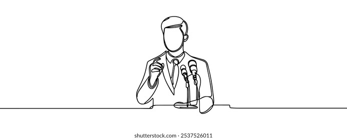 Un dibujo de línea sólida. hombre hablando, hombres de negocios, estudiante en el podio. Ilustración vectorial de diseño