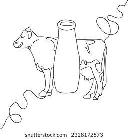 One solid line drawing vector illustration of cow and bottle of milk. Farm product icon concept