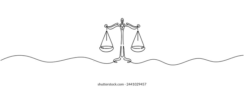 One solid line draws the balance of law and the scope of justice. Libra thin icon. Vector illustration.