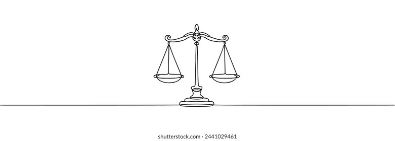 One solid line draws the balance of law and the scope of justice. Libra thin icon. Vector illustration.