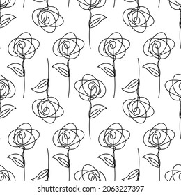 One solid line sketched flowers seamless pattern. Abstract flower. Simple minimalistic black outline drawing. vector isolated on white background