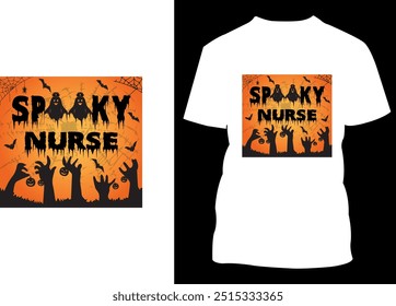 Eine unheimliche Krankenschwester, Halloween T-Shirt Design Vektorvorlage. Halloween Retro Vintage T-Shirt Design, einzeln auf schwarzem Hintergrund.