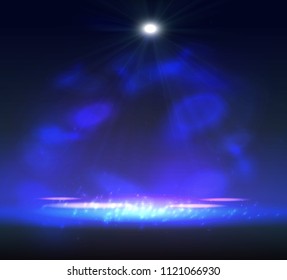 One Spotlight on stage with smoke and light. Vector illustration.
