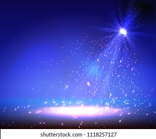 One Spotlight on Stage with Stars and Dust. Vector illustration.