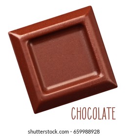 One Square Piece Of Chocolate Bar, Isolated Over White, Realistic Vector Illustration.