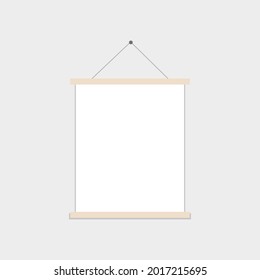 One square roll up poster mockup with light wood border hanging on a white wall in an empty room. Vector graphics