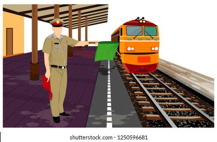 one staff with train at railway vector design