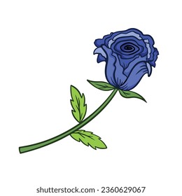 One stalk or stem of beautiful blue rose vector illustration isolated on square white background. Simple flat cartoon art styled drawing of pretty plant.