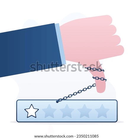 One star rating, hand chained to bad review. Negative customer review or product rating. Bad rate of experience. Thumb down, dislike hand symbol. Low rank and quality. flat vector illustration ストックフォト © 