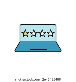 One star rating on laptop screen icon in flat vector style with light blue and yellow color