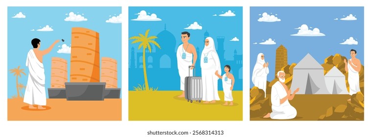 One of the steps of the Hajj pilgrimage. Muslim families wear ihram clothes while carrying suitcases. Hajj pilgrims rest in tents while performing the pilgrimage. Islamic Hajj Pilgrimage concept.