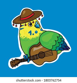 One sticker with budgerigar in sombrero hat and guitar