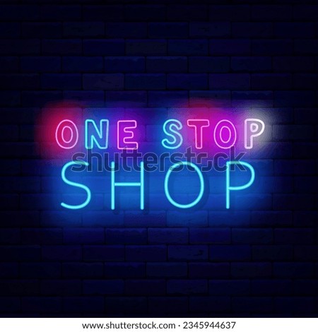 One stop shop neon label. Sale signboard. Special offer emblem. Marketing sign. Colorful typography. Shiny banner. Shopping design. Editable stroke. Vector stock illustration