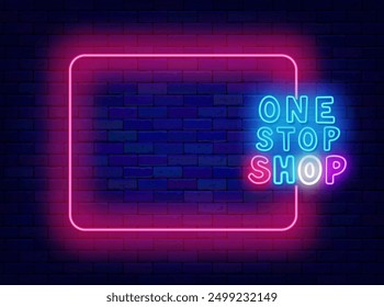 One stop shop neon poster. Special offer. Market shopping invitation. Shiny greeting card. Empty pink frame and typography. Light banner. Editing text. Copy space. Vector stock illustration