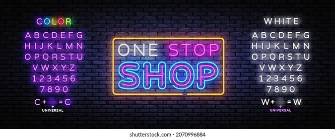 One Stop Shop neon sign vector. Shoping Design template, light banner, night signboard, nightly bright advertising, light inscription. Vector illustration. Editing text neon sign
