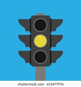 one stoplight Vector isolated & yellow symbol icon in the in middle. buttons in traffic light sign illustration. waiting, ready, go for transportation or business on blue flat design style background 