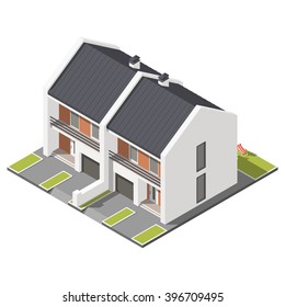 One storey connected cottage with slant roof for two families isometric icon set vector graphic