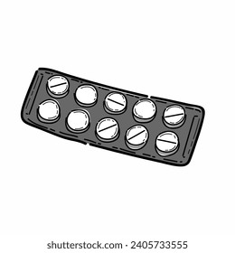 one strip of tablet medicine, Pill blister with round tablets, medicines. Medical package with medicaments, drugs. Painkillers in pack. Pharmacy. Vector illustration isolated on white background