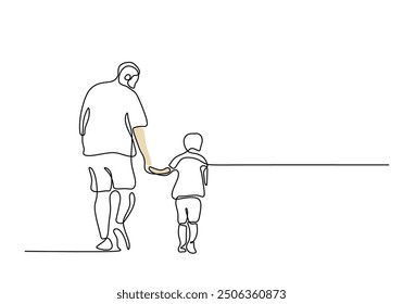 One Stroke Drawing Dad Son Walk, Vaterschaft Thema. Handgezeichnete, minimalistische Vektorgrafik mit Linien.