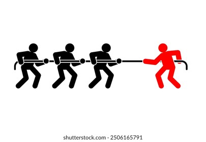 One is stronger than team. Tug of war sign. People are pulling rope. Concept of confrontation between two companies. Competition sign