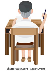 one student boy sitting on wooden chair for examination, vector design