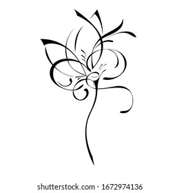 one stylized blooming flower on a short stalk without leaves in black lines on a white background