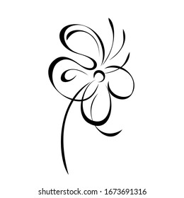 one stylized blooming flower on a short stalk without leaves in black lines on a white background
