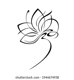 one stylized blooming flower on a short stalk without leaves in black lines on a white background