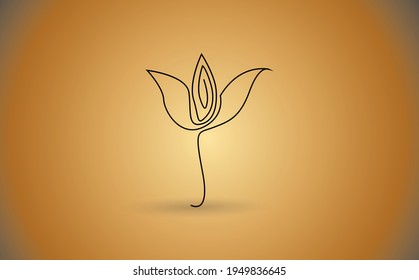 one stylized blooming flower on a short stalk without leaves in black lines on a gold background