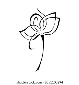 one stylized blooming flower on a short stalk without leaves in black lines on a white background