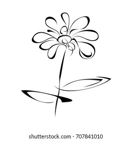 one stylized blooming flower on a stem with leaves, graphic decor