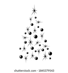 un estilizado árbol de Navidad con bolas de Navidad, estrellas en líneas negras sobre fondo blanco