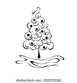 un estilizado árbol de Navidad con bolas de Navidad y un pájaro en la parte superior en líneas negras sobre un fondo blanco