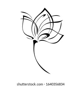 one stylized flower bud on a short stem without leaves in black lines on a white background