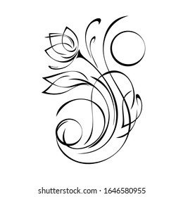 one stylized flower Bud on a curved stem with leaves and curls in black lines on a white background