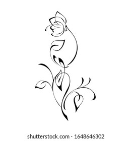 one stylized flower Bud on a curved stem with leaves and curls in black lines on a white background