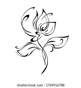 one stylized flower Bud on a curved stem with leaves and curls in black lines on a white background