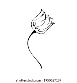 one stylized flower bud on a short stem without leaves in black lines on a white background