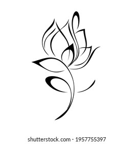 one stylized flower bud on a curved stem with one curl in black lines on a white background