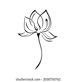 one stylized flower bud on a short stem without leaves in black lines on a white background