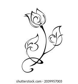 one stylized flower bud on a curved stem with leaves and curls. graphic decor
