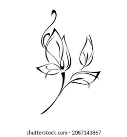 one stylized flower Bud on a curved stem with leaves and curls. graphic decor
