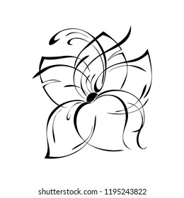one stylized flower with large petals in black lines on a white background
