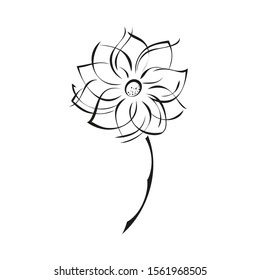 one stylized flower with large petals on a short stalk in black lines on a white background