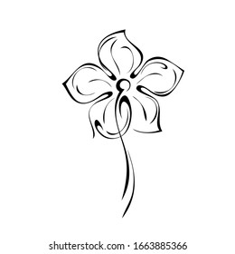 una flor estilizada con grandes pétalos sobre un tallo corto en líneas negras sobre un fondo blanco