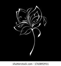 one stylized flower with large petals on a short stem in white lines on a black background