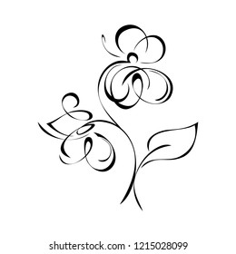 one stylized flower on a stem with a leaf in black lines on a white background