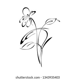 one stylized flower on a stem with leaves in black lines on a white background