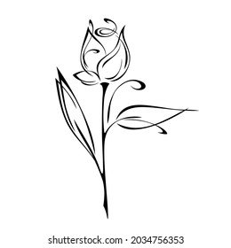 one stylized rose flower bud on a stem with leaves and curls. graphic decor